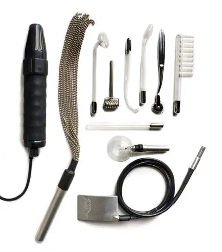 Neon wand kit with wand handle, chain attachment, brush heads, cords, and tools