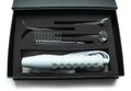 Electrosex wand kit with white handle and metallic accessory pieces in open box