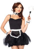 Black lace French maid costume dress with white apron and ruffled skirt