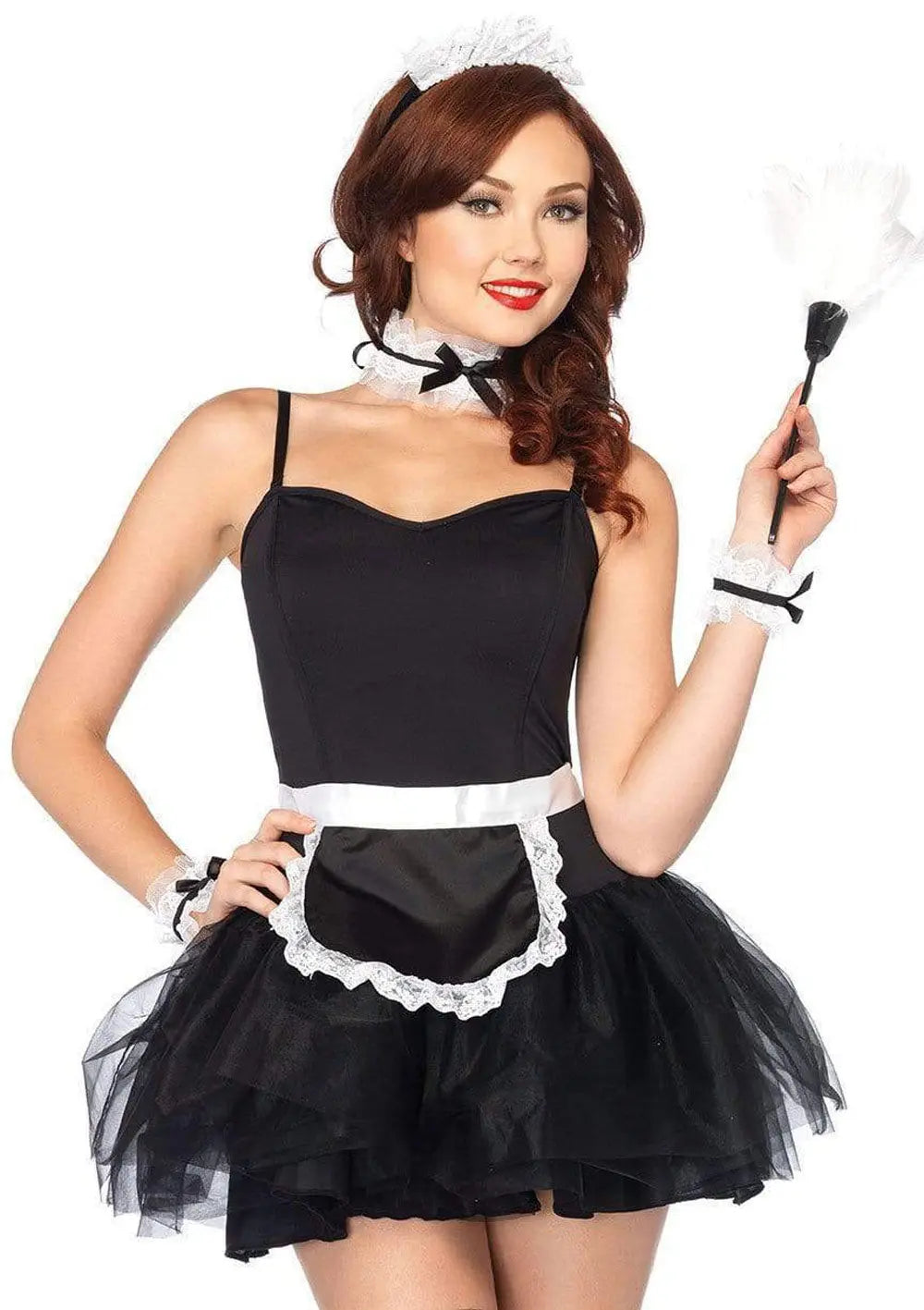 Black lace French maid costume dress with white apron and ruffled skirt