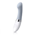 Cool gray personal massager with curved tip and chrome ring detail