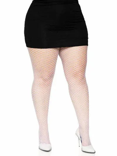 White fishnet pantyhose with black waistband