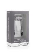 Metal nipple clamps in retail box with clear window, silver hardware