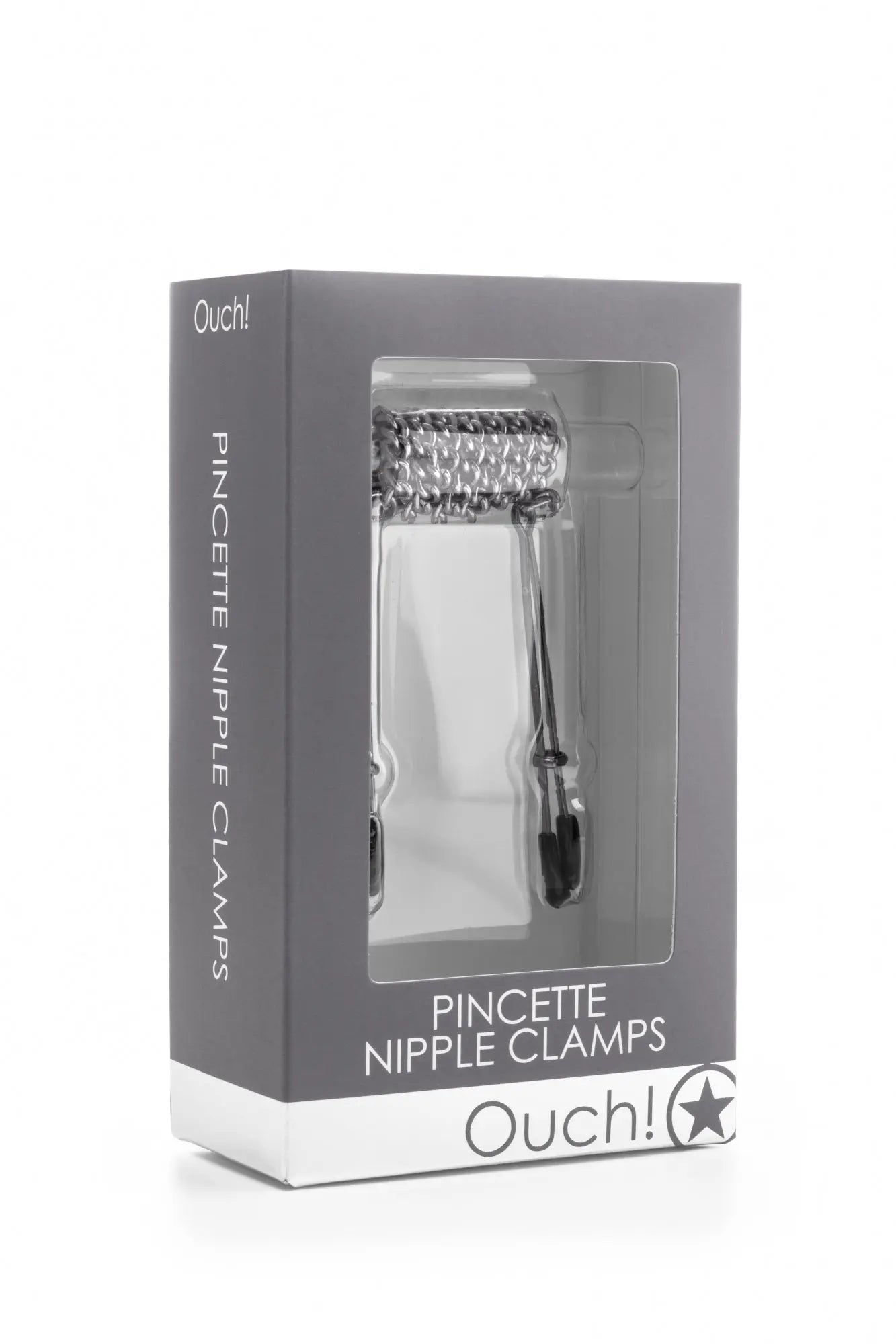 Metal nipple clamps in retail box with clear window, silver hardware