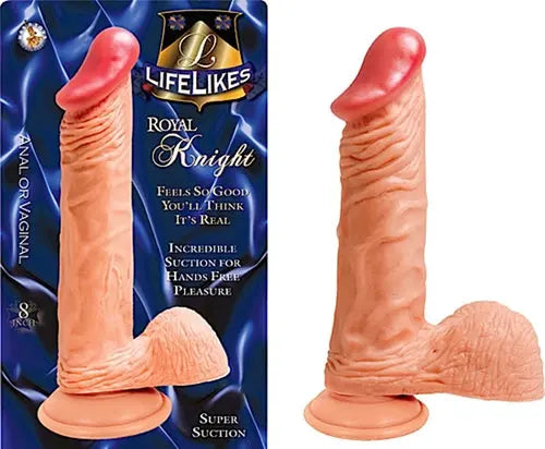 Flesh-toned realistic 8-inch adult toy with curved tip and ridged shaft