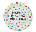 Birthday party plates - Happy Fucking Birthday, multicolor dots, 8 count