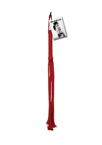 Red rope flogger with long tassel strands and wrist handle