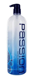 Natural water-based cleansing bottle with blue pump label, clear plastic container