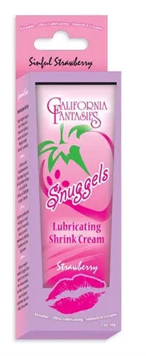 Lubricating shrink cream tube, Strawberry, pink packaging with Snuggels logo.