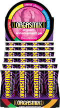 Orgasmix 24-piece display of purple gel tubes, standing upright in rack