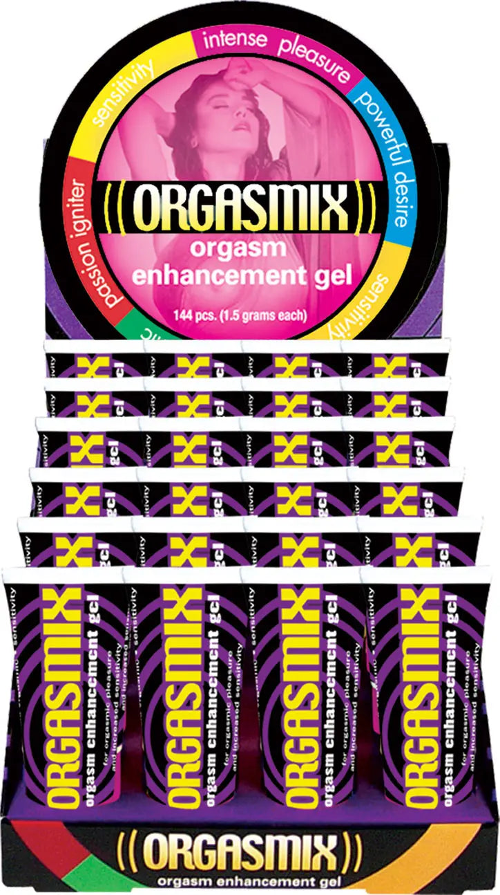 Orgasmix 24-piece display of purple gel tubes, standing upright in rack