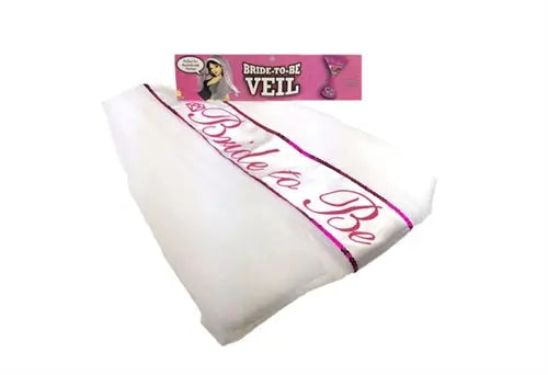 White bridal veil with satin-trim edge and 'Bride to Be' ribbon