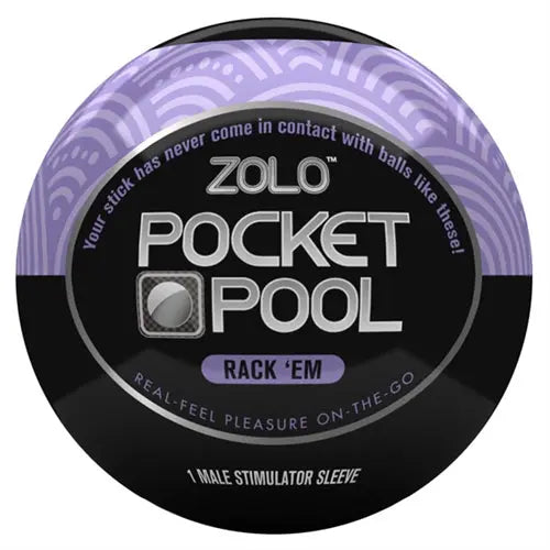 Pocket Pool Rack ‘Em pleasure sleeve, purple and black circular packaging