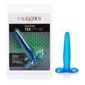 Blue silicone tee probe with wide round base, packaged and shown standalone