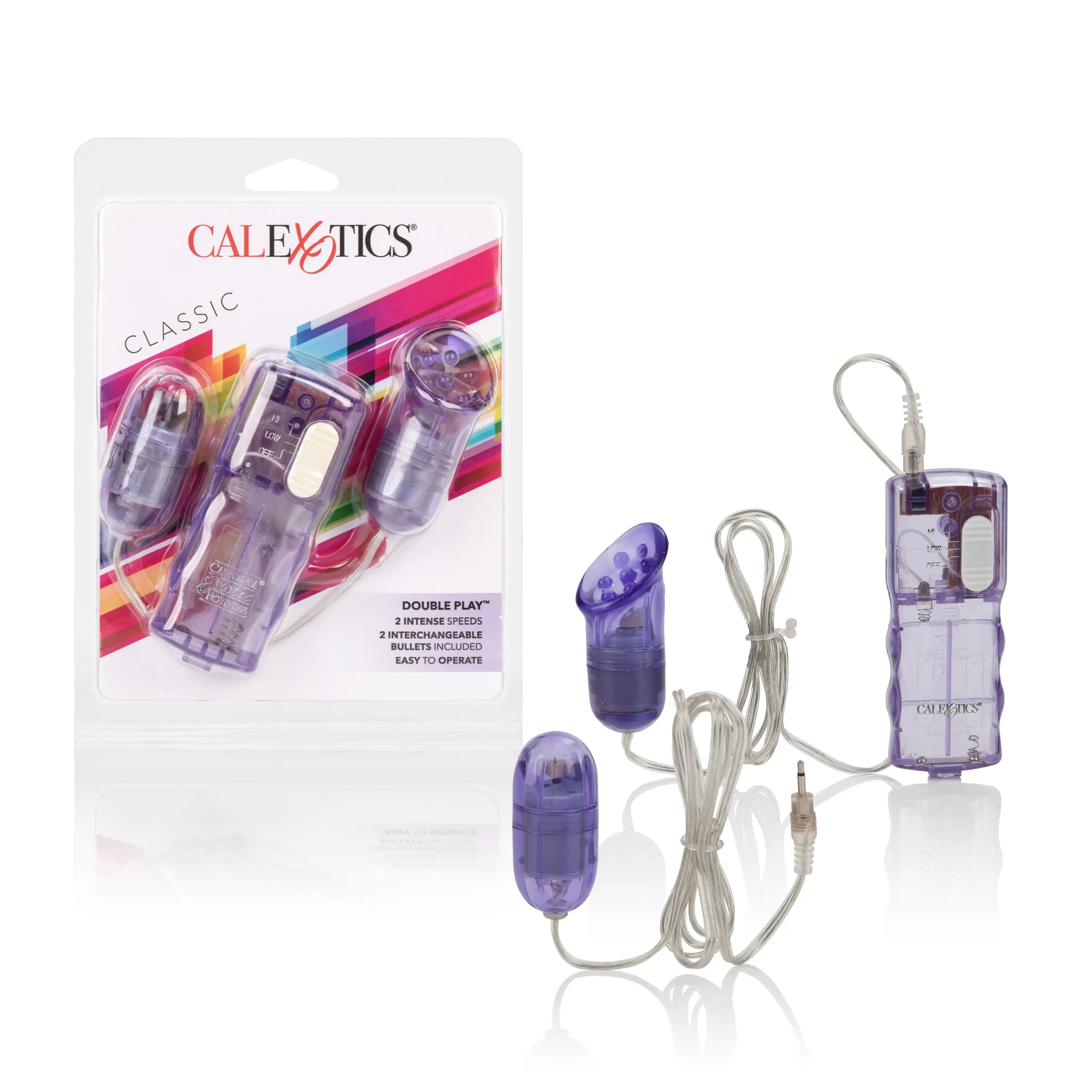Dual massager with two purple handheld units and wired controller, CalExotics
