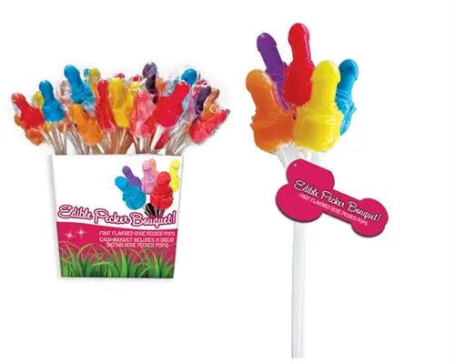 Edible pecker bouquet pail display with colorful edible pecker lollipops on sticks