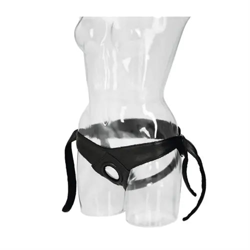 Black rider harness with oval front ring and tie straps