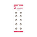 10-pack button cell batteries in blister pack, silver coin cells marked LR44 AG13