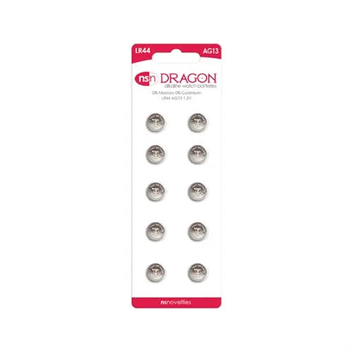 10-pack button cell batteries in blister pack, silver coin cells marked LR44 AG13