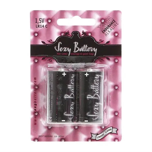 2-pack LR14 C 1.5V batteries in blister card, pink packaging