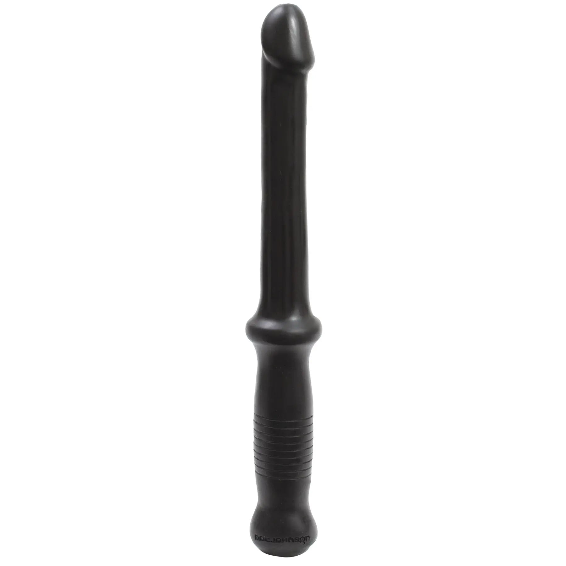 Black anal plug with rounded tip and ribbed grip handle
