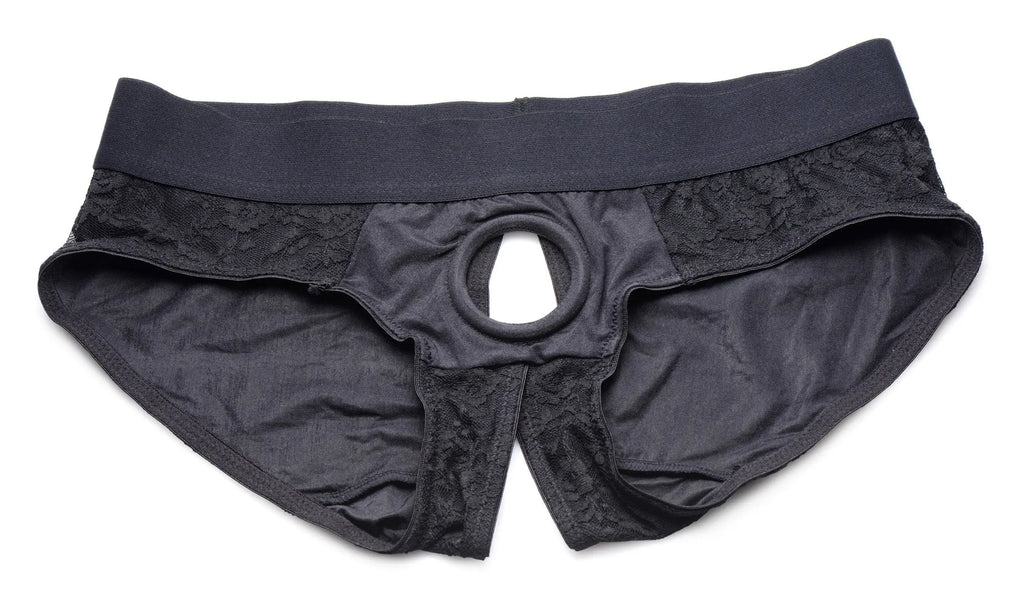 Lace Envy Black Crotchless Panty Harness - S/m – body-safe materials thrusting action | Fu'Cha Exotics