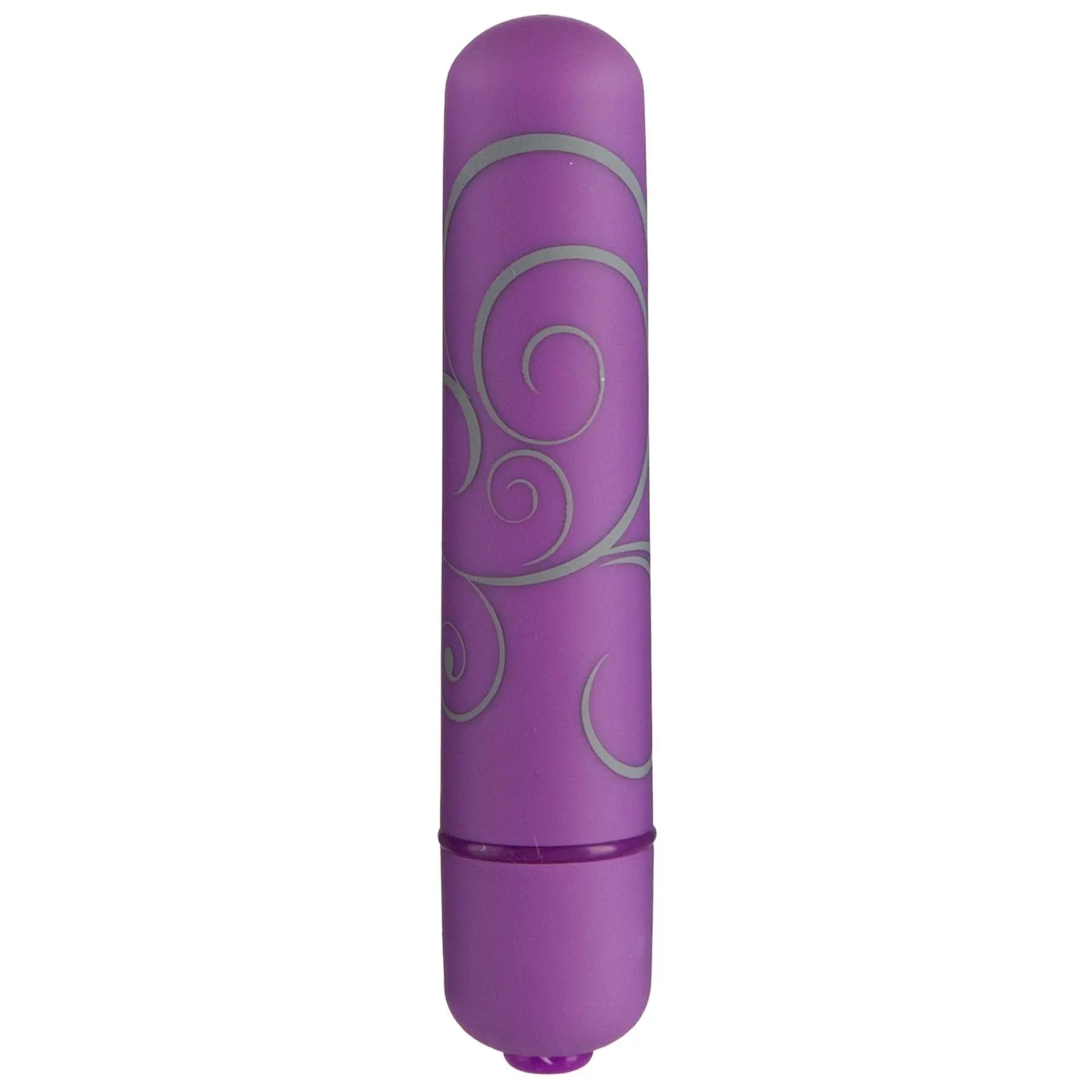 Purple personal massager with ornate swirl pattern and rounded body