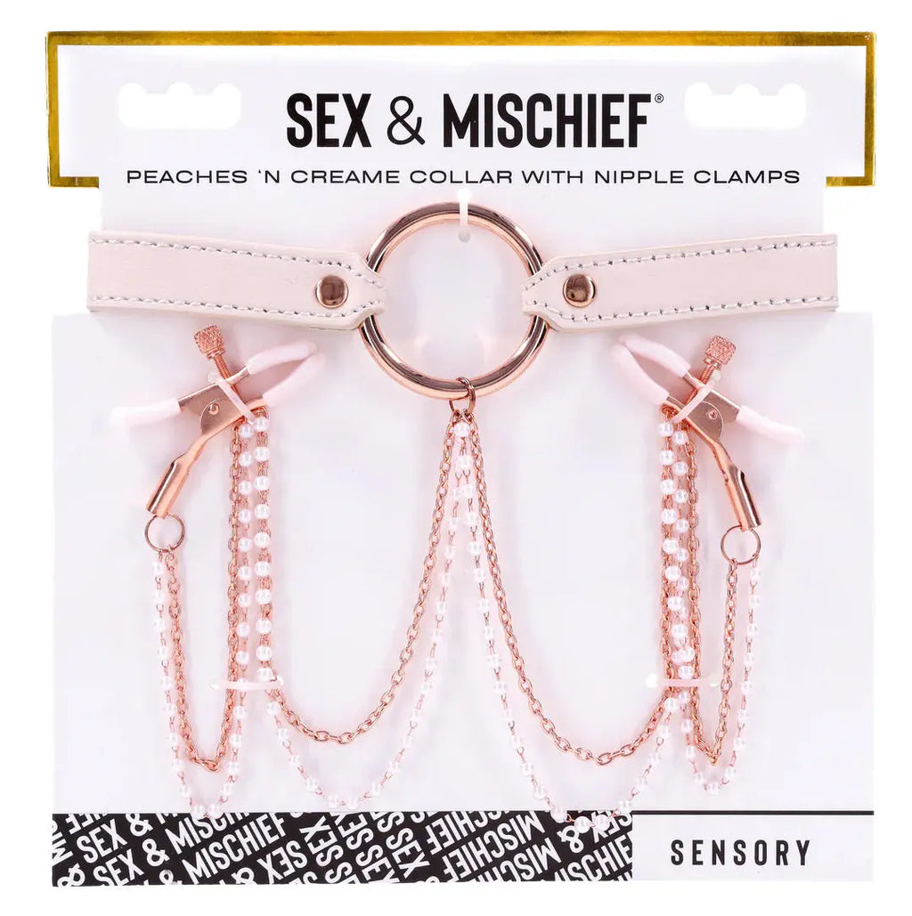 Peaches N Creame Collar With Nipple Clamps - Pink – body-safe materials | Fu'Cha Exotics