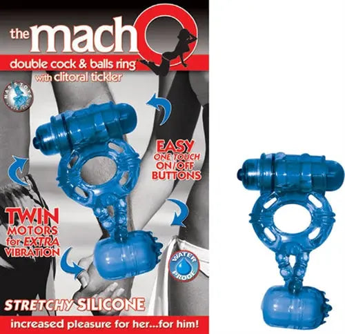 Blue silicone cock ring with double ball rings and flexible vibrating base