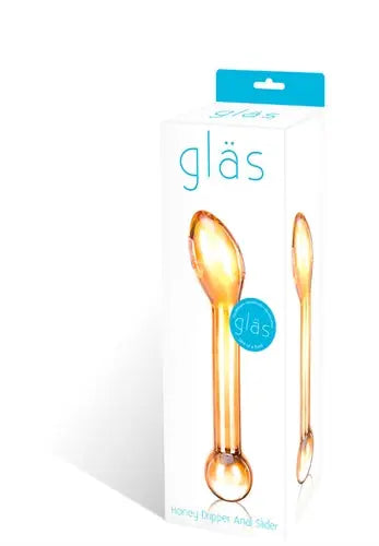 Glass anal slider with amber dropper ends, shown in retail box