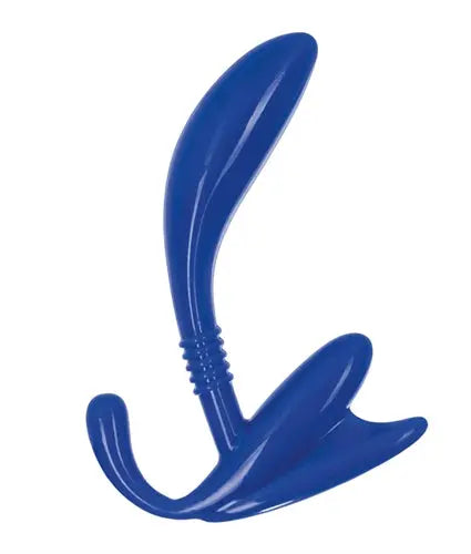 Blue curved prostate probe with ribbed handle and rounded tip