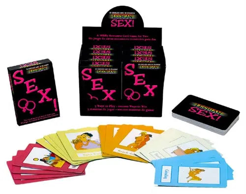 Lesbian Sex! card game with box, deck, and scattered cards