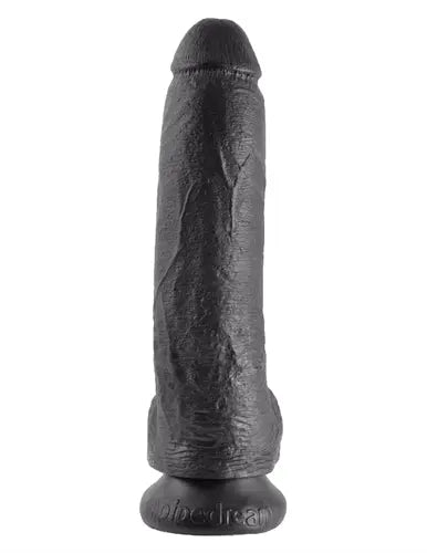 Black textured 9-inch dildo with balls, upright
