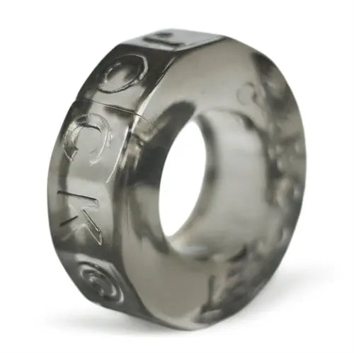 Smoke-clear sprocket cock ring with atomic jock symbols, translucent gray