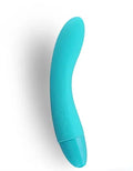 Curved teal silicone massager with ribbed handle end