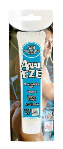 Anal Eze desensitizing gel tube in retail pouch with blue label, 1.5 fl oz.