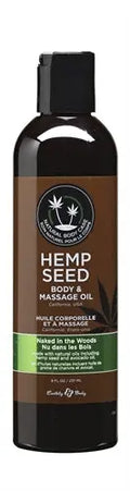 Hemp seed massage and body oil bottle with dark label and pump-top
