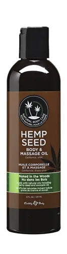 Hemp seed massage and body oil bottle with dark label and pump-top