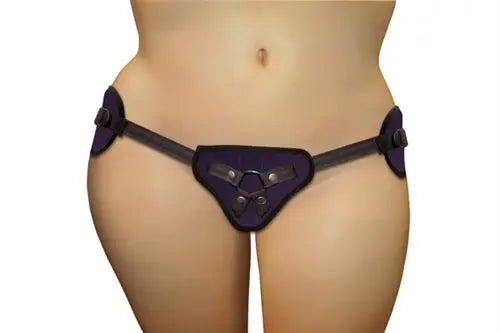 Plus size purple strap-on harness with front pouch and adjustable straps
