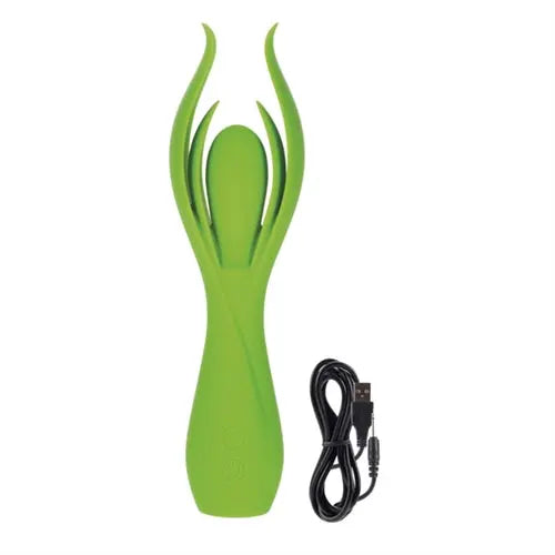 Lime green flame-shaped device with black power cord bundle