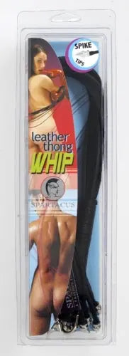 Black spiked thong whip with 20 in length, packaged accessory