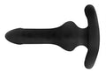 Black silicone butt plug with curved shaft and flared base