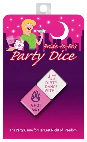 Bride-to-Be party dice set with cartoon illustration and printed dice prompt cards