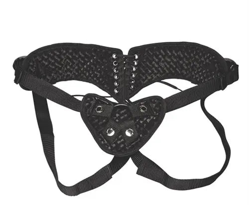 Black velvet strap-on corset with front lace-up and adjustable shoulder straps