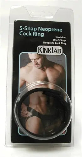 5-snap neoprene cock ring, black, in retail packaging