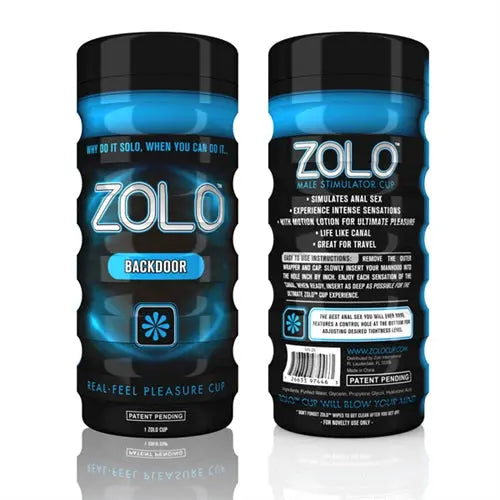 Backdoor cup, black with blue label and ZOLO text