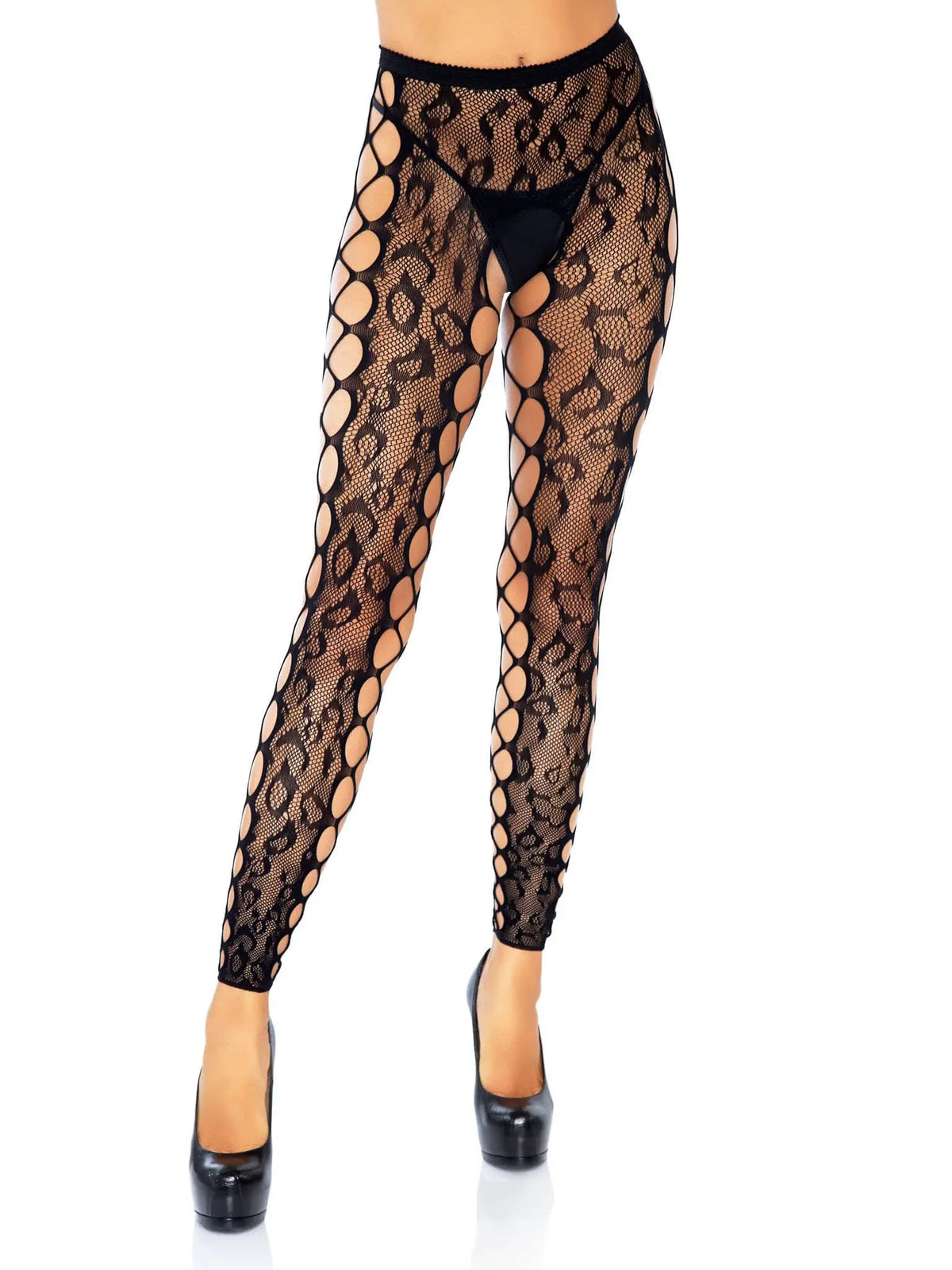 Footless Leopard Lace Crotchless Tights - Black – body-safe materials | Fu'Cha Exotics