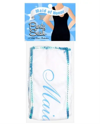 Maid of Honor party sash, white fabric with blue trim and cursive Party Sash print