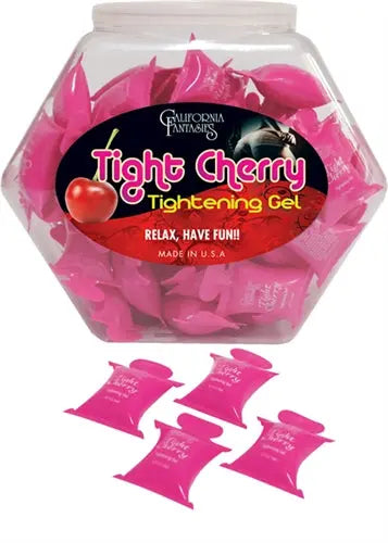 Tight Cherry tightening gel pillows in pink fishbowl jar with 6 packets