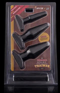 Black anal trainer set with three insert pieces in retail packaging